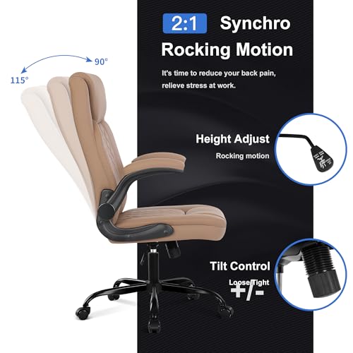 Image of Misolant Executive Desk Chair, Modern Office Chair, Ergonomic High Back Computer Chair, Brown PU Leather, Flip Up Armrest, Adjustable Height