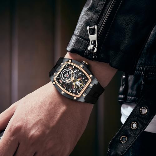 Image of MF MINI FOCUS Unique Men Watches,Automatic Mechanical Watch,Luxury Hollow Tonneau Watches for Men with Stainless Steel Case and Silicon Band (Self-Wind Movement /5ATM Waterproof /Super Luminous)