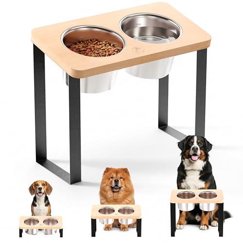 14' Tall Elevated Dog Bowls - Ergonomic Stainless Steel Dog Bowls with 10° Tilt in Bamboo Wood Stand for Tall & Large Breed