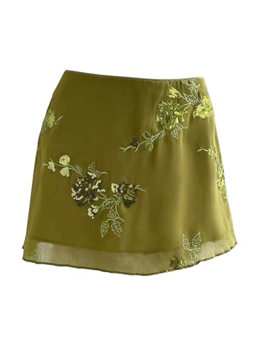 Floerns Women's Floral Embroidery Mini Skirt Low Waist Mesh Summer Skirts