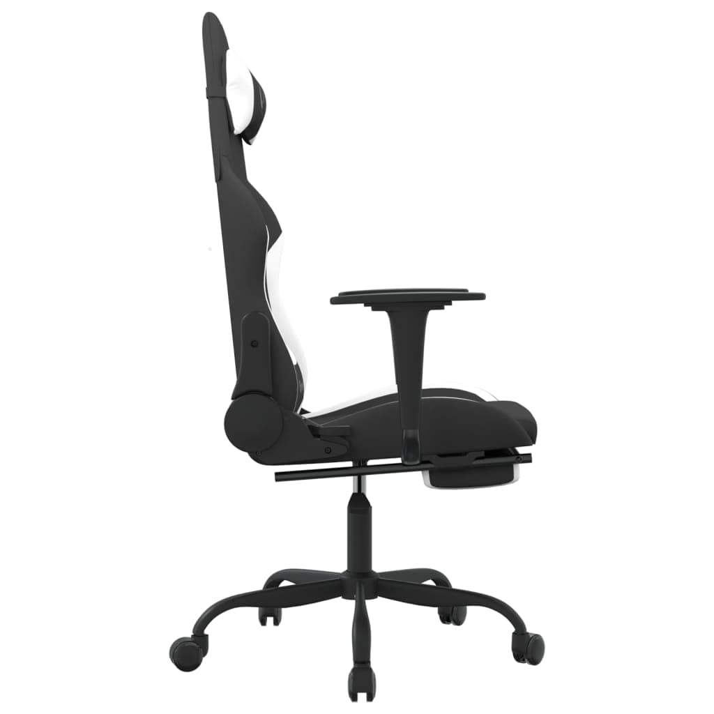 Fotel gamingowy z funkcją masażu i podnóżkiem, materiał czarno-biały, ergonomiczna regulacja wysokości z poduszką lędźwiową i poduszką pod kark, obrotowe z funkcją leżenia do biura i