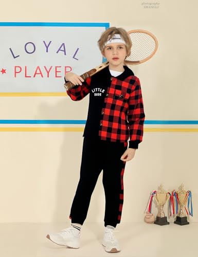 Image of Toddler Boy Clothes Plaid Hooded Shirt White T-shirt Top and Solid Color Pants 3Pcs Winter Boys Clothes