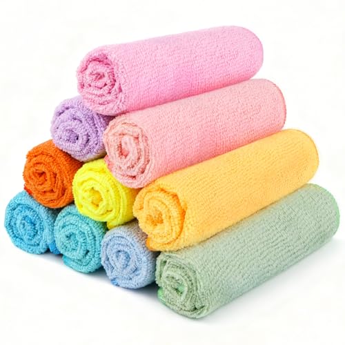 Orighty Washcloths Towels Set 10 Pack, Highly Absorbent and Soft Feel Microfiber Face Cloths, Multi-Purpose Wash Cloths & Hand Towels for Bathroom, Hotel, Spa, and Gym, 11.5x11.5 Inch, Multicolor