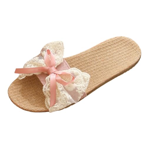 Pantuflas de lino de verano para mujeres y hombres, pantuflas de casa sin espalda con lazo de encaje, suela suave transpirable, zapatos de interior, antideslizantes, ligeros, para dormitorio, sala de