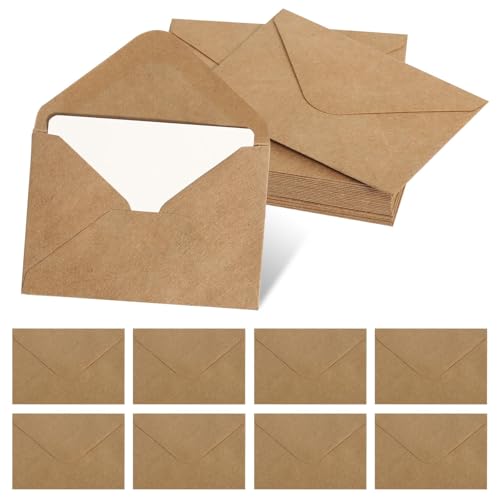 50 Stück Briefumschläge Braun mit 50 Blatt Blanko Papier Karten Mini Umschläge, Kleine Umschläge, Klappkarten für Geldgeschenke, Dankeskarten, Einladung