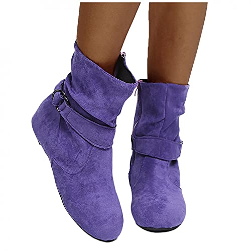 Hbeylia Women's Boots With No Heels Fashion Slouchy Ruched Suede Round Toe Slip On Flats Ankle Booties With Side Zipper Casual Comfortable Winter Fall Mid Calf Dress Short Boots For Women Ladies