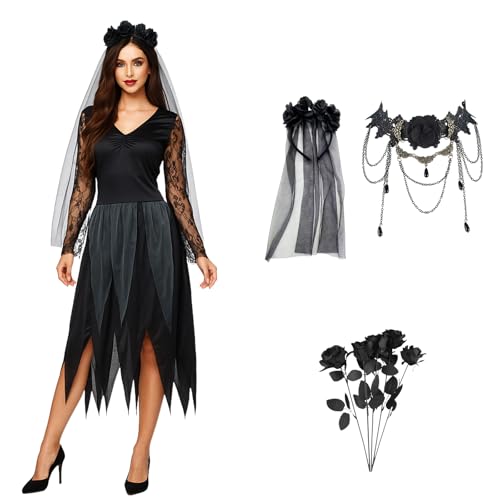 STEFUEWILL17 Black Corpse Bride Halloween Costume - Fancy Dead Brides Costume Women, Zombie, Halloween Costumes Dress Outfits for Cosplay Outfits, Bride Wedding Dress