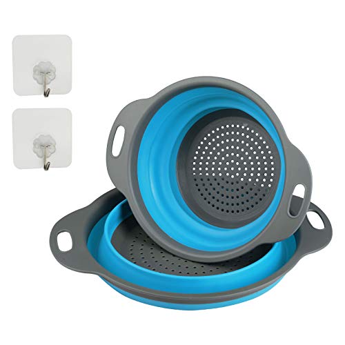 ZoomSky 2pcs Colador Plegable Silicona Filtro de Escurridor de Coladores de Pasta de Dos Tomaño con Dos Ganchos Adhesivo para Verduras Espaguetis Brócoli Ensalada
