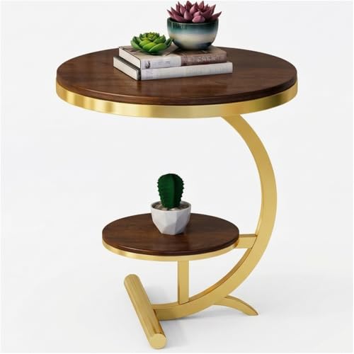 Image of NEST NATURE HAVEN Wood 2 Tier Round Coffee Table Nightstand Bedside Telephone Table with Storage, End Table Sofa Side Corner Table for Living Room Bedroom, Gold Brown
