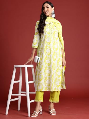 Image of INDO ERA Women's Pure Cotton Printed Straight Kurta & Pant With Dupatta Set