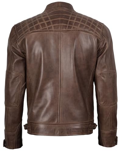 Image of fjackets Mens Leather Jacket Moto Style Real Lambskin Leather Jacket, Quilted Cafe Racer Classic Zip Up Biker Jacket for Men