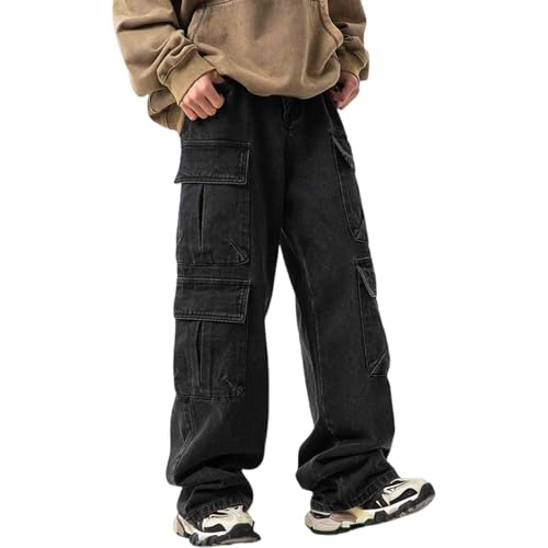 Men's Multi Pocket Design Jeans Vintage Washed and Worn Cargo Pants Loose Casual Wide Leg Pants