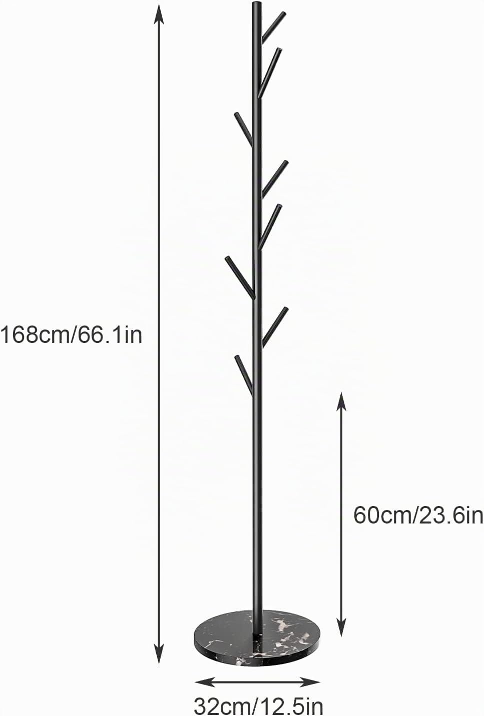 Appendiabiti da terra Attaccapanni con 8 ganci in Metallo a forma di albero e Appendi Abiti la base rotonda e stabile in marmo-Nero
