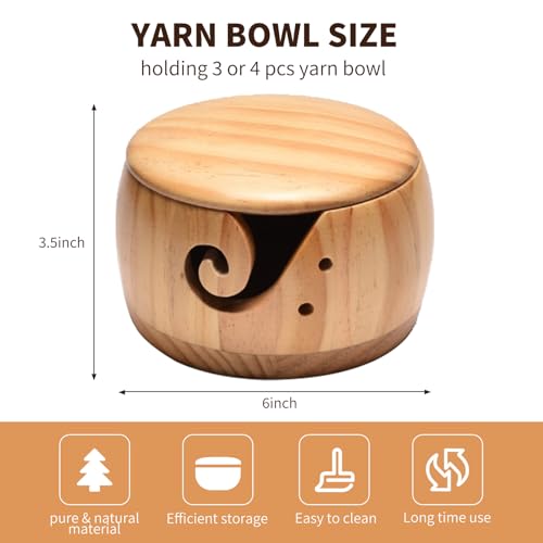 Image of Wooden Yarn Bowl Crochet Knitting Yarn Bowl with Lid Yarn Storage with Holes Handmade Craft with Storagebag for DIY Knitting Crocheting Mothers Day Gift 6 inch x 3.5 inch