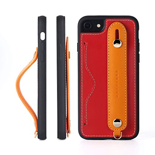HANATORA iPhone SE3/SE2 /8/7 グリップケース レザー 本革 ストラップ付属 イタリア製牛革 ヌメ革 片手操作 カード収納 スタンド機能 メンズ レディース レッド/オレンジ CGH-8SE-Red-OG