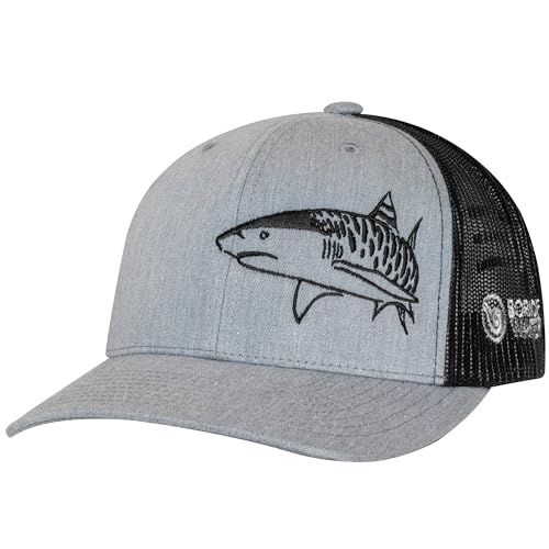 Tiger Shark Scuba Diving Trucker Hat: Mens Adjustable Snapback for Fishing, Spearfishing - Heather Gray/Black/Black