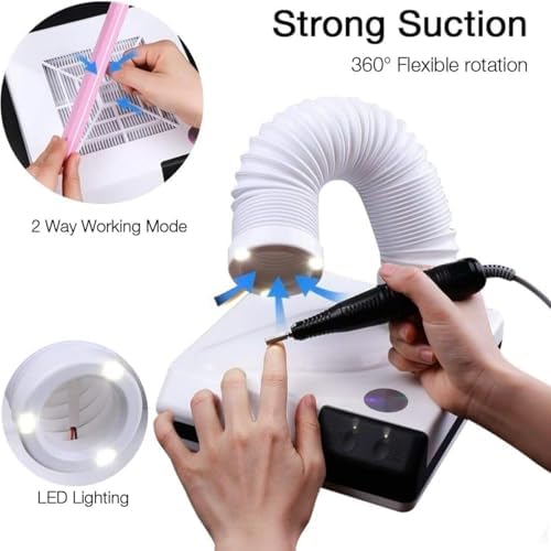 Professional Nail Dust Extractor, 60W Vacuum Suction with Fan & LED Light, Portable Dual-Function Polishing Dust Collector, Retractable Teles Tube, Low Noise Design