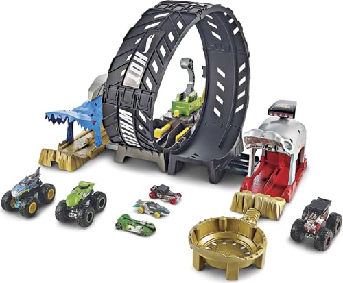 Hot Wheels Monster Truck Pit & Launch Playsets with a 1 Monster Truck & 1 1:64 Scale Car, Great Gift for Kids Ages 4 Years & Older [Styles May Vary]