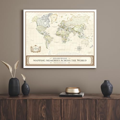 Image of DECORARTS - World Travel Map with Pins, Pin Board Canvas Wall Art, Colorful Classic Maps for Wall Decor, Giclee Print on Canvas, Handcrafted in USA, 20x16''