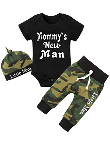 Newborn Baby Boy Clothes Mommy's New Man Short Sleeve Romper + Camouflage Pants + Hat 3Pcs Outfit Set 9-12 Months
