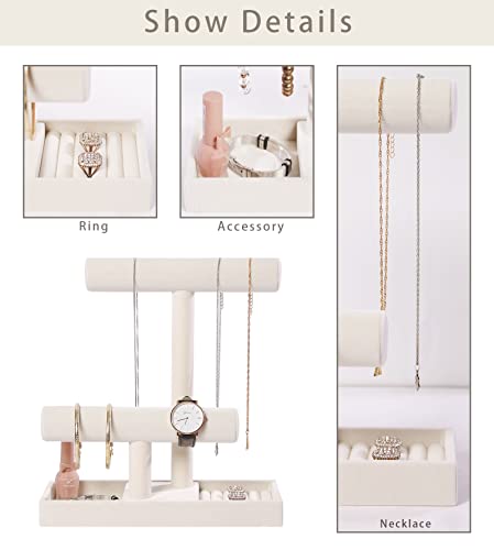 ByKen Multi-Functional 2 Tier Jewelry Holder,Necklace Bracelet Holder with Earrings Rings Tray,Jewelry Organizer Stand for Scrunchie Watches(Beige Velvet)3