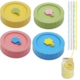 4 tapas para tarros Mason Jar con agujero, tarros para tarros de cristal, para maza amarilla, tapas de rosca, verde, azul, rosa, tarros de mermelada con 4 pajitas