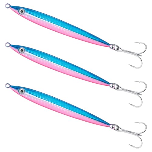 Alwonder 3pcs/20g Sea Fishing Spinner Lure Colorful Laser Jigging Spoons with Treble Hooks, Sea Fishing Lure Long Casting Jig for Mackerel Cod Bass Pike Color: Red Blue