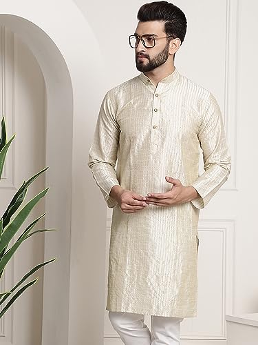 Image of SOJANYA Men's Pintuck Silk Blend Embroidered Kurta