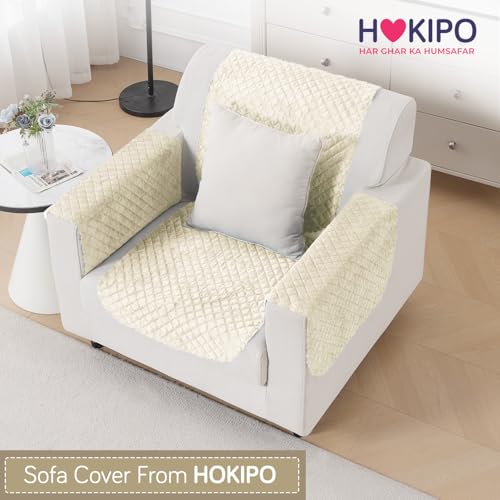 Image of HOKIPO Quilted Sofa Cover 1 Seater for Seat & Back, Washable Kids & Pet Friendly Sofa Cover, 'Quilt Classic' Beige (IN-925-BEIGE*2)