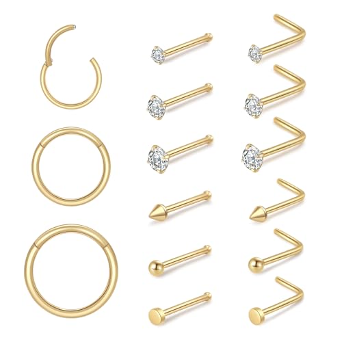 18G Surgical Steel Nose Rings Set,14K Gold Plated Hypoallergenic L Shape CZ Studs Nose Hoop Rings for Women Men (2B-Gold)