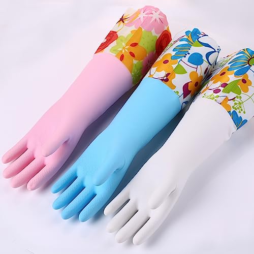 Bamllum 3 Pairs Rubber Cleaning Gloves, Household Kitchen Dishwashing Gloves with Cotton Flocked Liner, Long Cuff 16 Inches, Reusable, Non-Slip (Medium, Blue+Pink+White) - Image 4