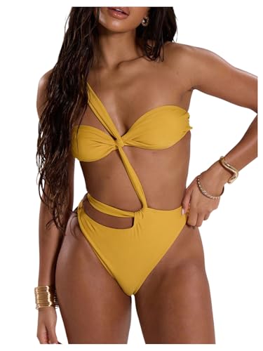 WDIRARA Women's One Piece Cheeky Cut Out Swimsuit Twist Front Asymmetrical Neck Swimwear Monokini