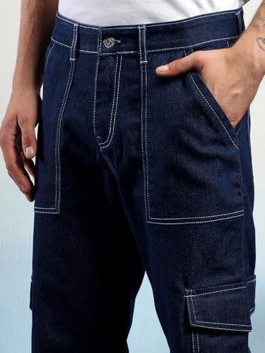 Image of KOTTY Men's Loose Fit Cargo Denim Jeans - Vintage Washed Utility Jeans with Side Pockets