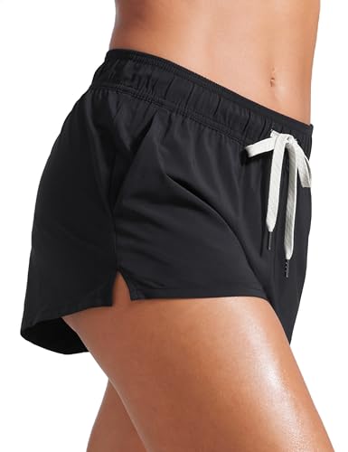 CRZ YOGA Womens 3" Mid Waisted Swim Board Shorts Side Splits Swimming Bottoms Quick Dry Beach Swimsuit with Liner Pockets4