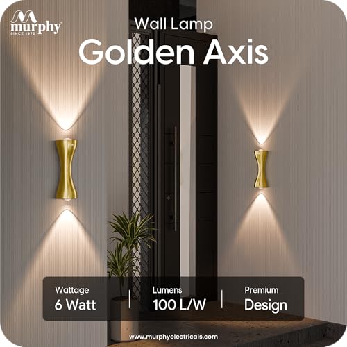 Image of Murphy Golden Axis 6W LED Up Down Wall Light | Warm White | Premium Gold Finish | Aluminium Body | Decorative Indoor Wall Lamp | 2 Year Warranty | Pack of 1