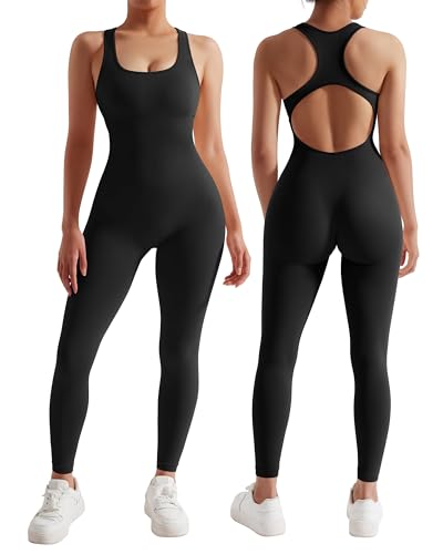 RXRXCOCO Gerippte Ärmellos Jumpsuits Damen Lang Eng Tank Rückenfreie Padded Einteiler Bauchweg Sport Yoga Overall Romper Schwarz M