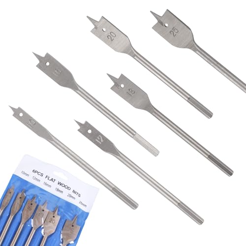 6 Heavy Duty Spade Drill Bits Set with a Vinyl Carry Pouch - 1/4 Inch Quick Change Hex Shank, 10mm, 12mm, 16mm, 18mm, 20mm, and 25mm, Flat wood Bit Set, Woodworking Hole Cutter Tool 1 6 Heavy Duty Spade Drill Bits Set with a Vinyl Carry Pouch - 1/4 Inch Quick Change Hex Shank, 10mm, 12mm, 16mm, 18mm, 20mm, and 25mm, Flat wood Bit Set, Woodworking Hole Cutter Tool