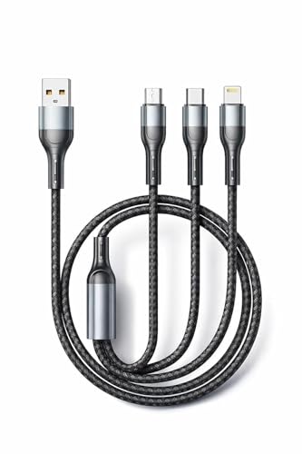 Image of 3-in-1 65W Multi Fast Charging Cable - 5A Nylon Braided 4FT Cable with Type-C & Micro USB for iPhone, iPad, Samsung,OnePlus,Xiaomi, Oppo,Vivo,Android & Car Charging (Black)