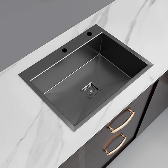 HAPPY HOMES 24x18x10 304 Stainless Steel BLACK TAP HOLE Kitchen Sink with Matte Finish Single Bowl | Nanocoated Undercoating, Sound Dampening | Square Coupling & Metal Fruit Basket | 7 Years Warranty