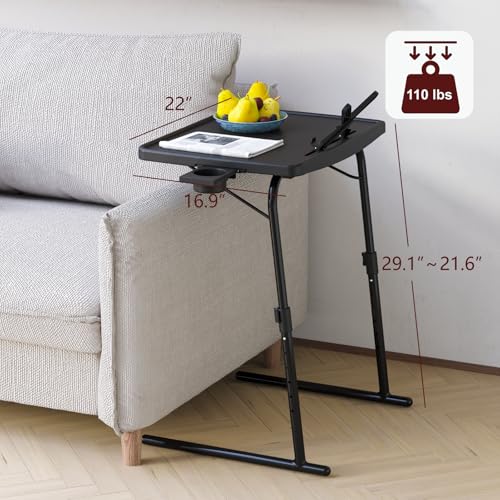 Image of Max TV Tray Table, Large TV Dinner Tray for Eating, Adjustable Folding Laptop Table with Book Stand, Cup Holder & Tablet Slot, Folding Table with 6 Height & 3 Tilt Angle Adjustments (Black)