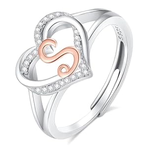 INFUSEU 925 Sterling Silver Initial Heart Ring for Women Girls, Adjustable Size