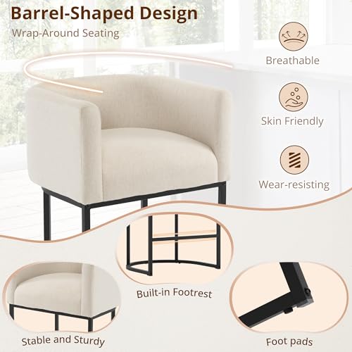 Image of LUE BONA Counter Height Bar Stools Set of 2, Modern Barrel Counter Stools with Backrest and Arms, Black Metal Frames, Linen Fabric Upholstered Accent Barstools for Kitchen Island, Linen Color