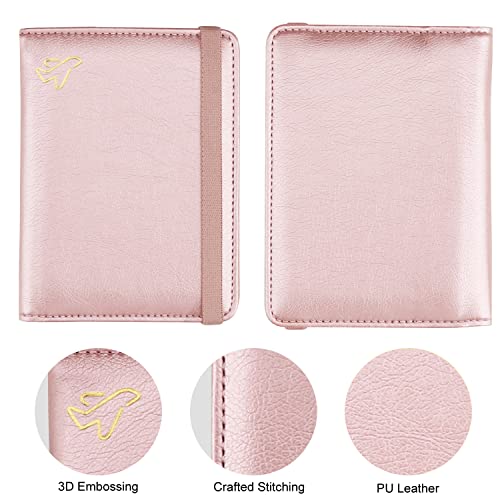 Image of WALNEW Passport Holder for Travel, RFID Passport Cover Wallet for Women Men, PU Leather Passport Book Card Holder Case with Pen (Elastic Band Closure, C-Rosegold)