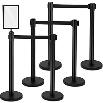 Geelin 6 Pack 9.8 ft Heavy Duty Crowd Control Stanchions Stainless Steel Set with Retractable Belts, Sign Holder, Black