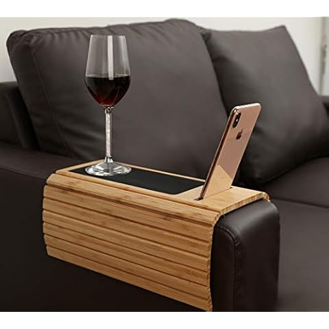 GEHE Sofa Arm Tray Table for Couch Flexible/Foldable Sofa Tray Couch arm Table Perfect for Drinks Snacks Remote Control or Phone Great arm Tray for Couch armrest (Bamboo with Phone Slots) Cover