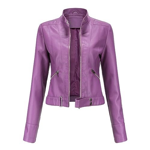 Veste en simili cuir solide pour femmes coupe cintrée design moto lavande M