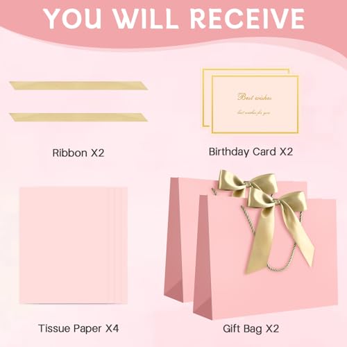 Image of JMANNI Gift Bags with Handles, 13 inch Medium Mothers Day Gift Bag for Presents, 2 Pcs Bags with 4 Tissue Paper and 2 Cards for Baby Shower Wedding Bridal Shower Mother's Day Birthday Party (Pink)