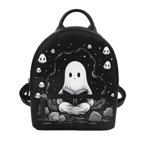 ZOUTAIRONG Halloween Cute Ghost Mini Backpack for Women Girls Purse Cartoon Skull Small Backpacks Leather Shoulder Bag Wallet Kids Back Pack College Daypack Travel Bag Black