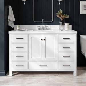 ARIEL Cambridge 55″ White Bathroom Vanity with Sink, 1.5″ Edge Pure White Quartz Countertop & Backsplash, Center Rectangular Sink, 2 Soft Closing Doors, 9 Full Extension Dovetail Drawers