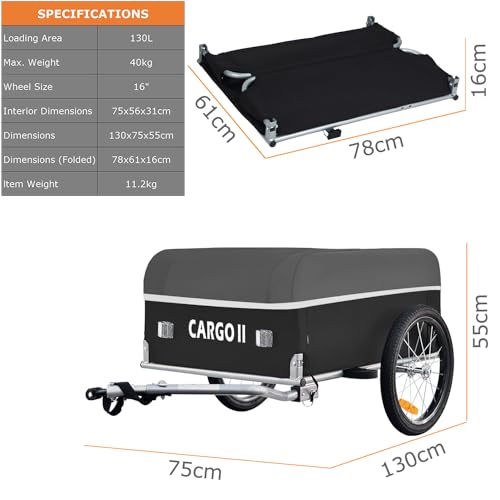 Tiggo Cargo II Fahrrad Lastenanhänger mit 130 Liter Volumen Klappbar Fahrradanhänger Transportanhänger (Grau)